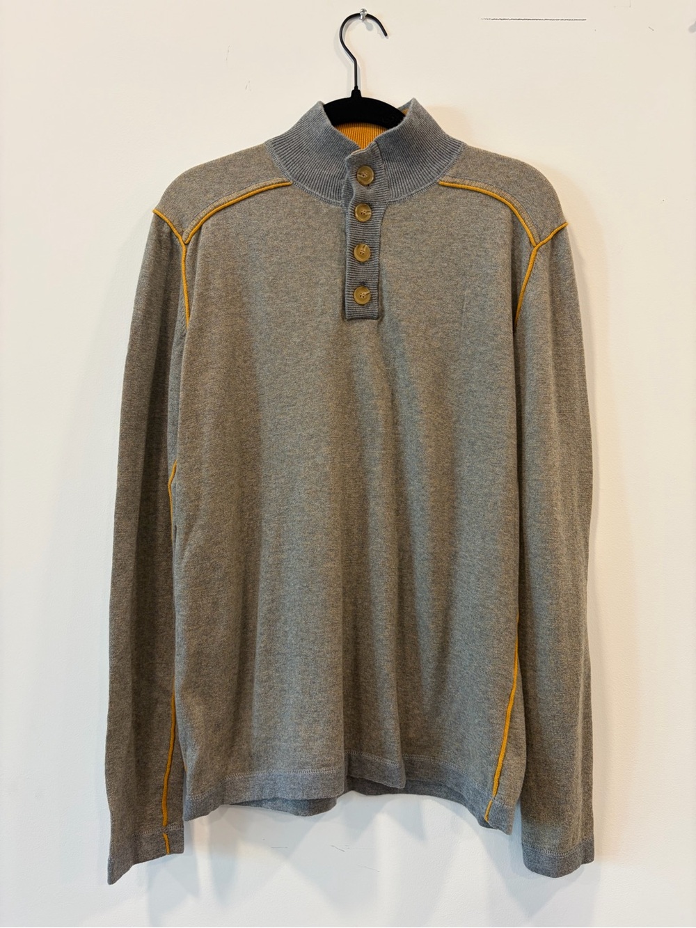 Sundance Men’s M Gray Mustard Cotton Mock Neck 4 Button Henley Pullover Sweater